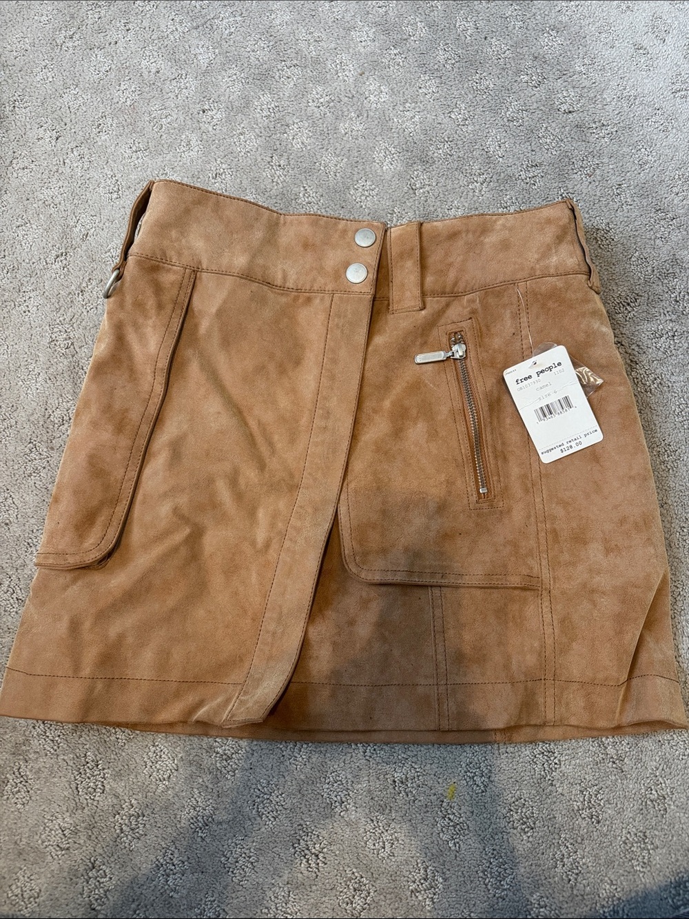 Free People Camel Suede Mini Skirt with Front Zip Pocket